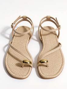 MUSERA Gold Toe Detail Asymmetric Strappy Straw Style Sandal Spring Summer Beach Swim Festival Vacation Cute Daily - Apricot - View 4