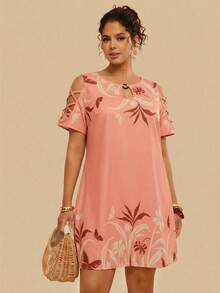 Travachic Plus Size Women Floral Print Casual Short Sleeve Dress - Multicolor - View 1