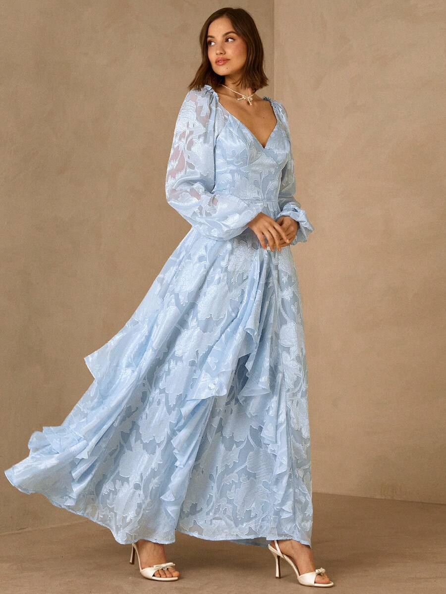 Enchnt Spring/Summer Romantic Women's Baby Blue Jacquard Ruffle Hem Long Sleeve Maxi Dress,Sweet&Elegant For Party&Prom&Vacation&Date&Holiday&Going Out&Valentine's Day,Spring Outfit Women