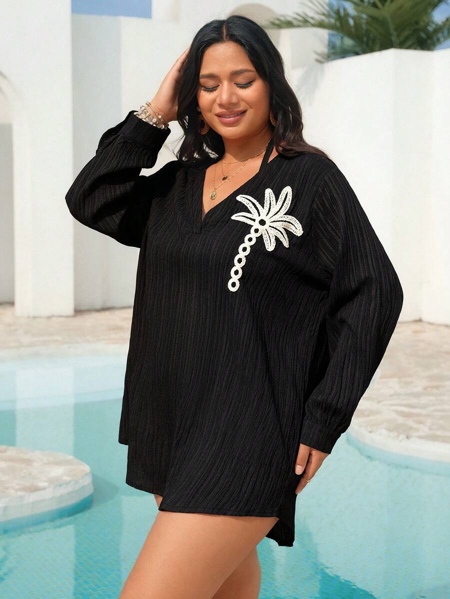 SHEIN Swim Plus Size Black Long Sleeve V-Neck Casual Coconut Tree Print Beach Cover Up Dress - Black - View 1