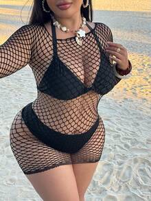 Swim SXY Women's Sexy Hollow-Out Long Sleeve Cover-Up Dress - Black - View 4