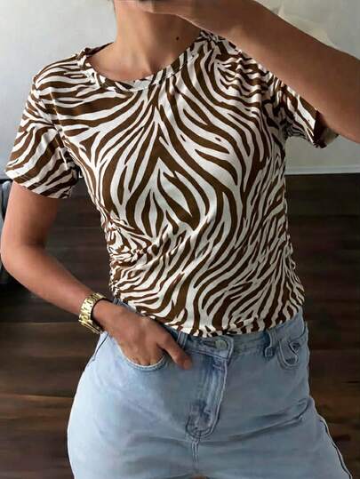 Blusa estampada cebra mujer manga corta cuello redondo casual primavera verano chic animal print ajuste regular cómodo