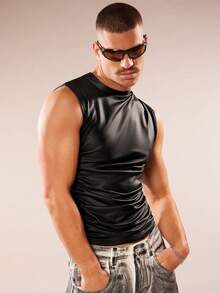 FeverCity Men's Summer Fashion Solid Color Ruched Slim Fit Tank Top - Black - View 3