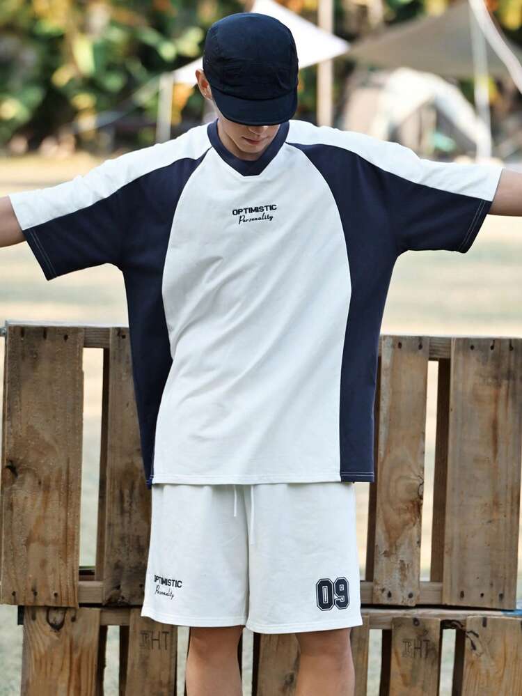 Men's Letter Embroidered Contrast Color T-Shirt Set, Spring/Summer