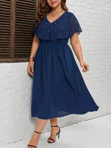 SHEIN Clasi Plus Size Women Navy Blue Elegant Summer Wedding Guest Dress,Pearl Decor V-Neck Long Party Dresses,Formal Ceremony Graduation Outfit,Mother Of Bride - Blue - View 11