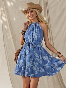 Wildy Women's White And Blue Floral Summer Boho Vacation Holiday Dress,American Casual Western Country Embroidery Sleeveless Tie-Up Mini Sundress Outfit - Blue - View 4
