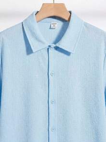 SHEIN Teen Boy Solid Color Polo Collar Single-Breasted Casual Versatile Daily Wear Short Sleeve Shirt,Kids Spring Outfits For Men Plain Shirt For Men Summer Shirt For Men Light Blue Men Shirt - Baby Blue - View 6