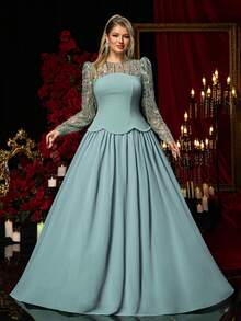 Glamrae Váy maxi voan dệt kim co giãn, tay dài đính hạt thủ công màu xám xanh sang trọng cỡ lớn, phù hợp cho đám cưới, tiệc tùng, kỳ nghỉ, dạ tiệc, sự kiện trang trọng - Màu xanh lam - Xem 5