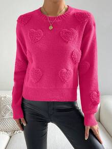 SHEIN Unity Heart Knit Drop Shoulder Sweater Knit Pullover Fall Winter - Hot Pink - View 6