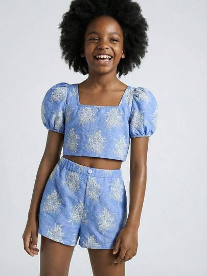 Maija Kids Maija Kids 2pcs Tween Girls Casual Vacation Fashion Loose Comfortable Blue Floral Embroidered Puff Sleeve Blouse And Shorts High-End 2-Piece Set, Suitable For Casual Outings, Travel, Gatherings, Festivals, Summer, Spring