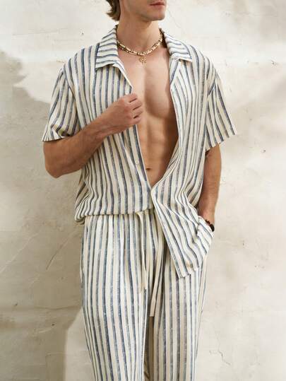 Airaco Randig kortärmad enkelknäppt skjorta och byxor för män, casual kostym