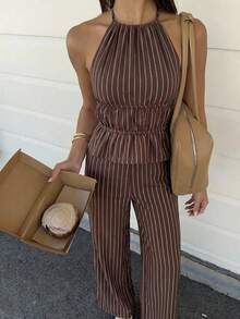 Firerie Bộ đồ 2 mảnh màu nâu dành cho nữ, thanh lịch, thường ngày, gợi cảm, thích hợp cho kỳ nghỉ, lễ hội âm nhạc, tiệc tùng. Bộ gồm áo hai dây buộc cổ sau lưng kẻ sọc và quần dài cạp cao. - màu nâu - Xem 3