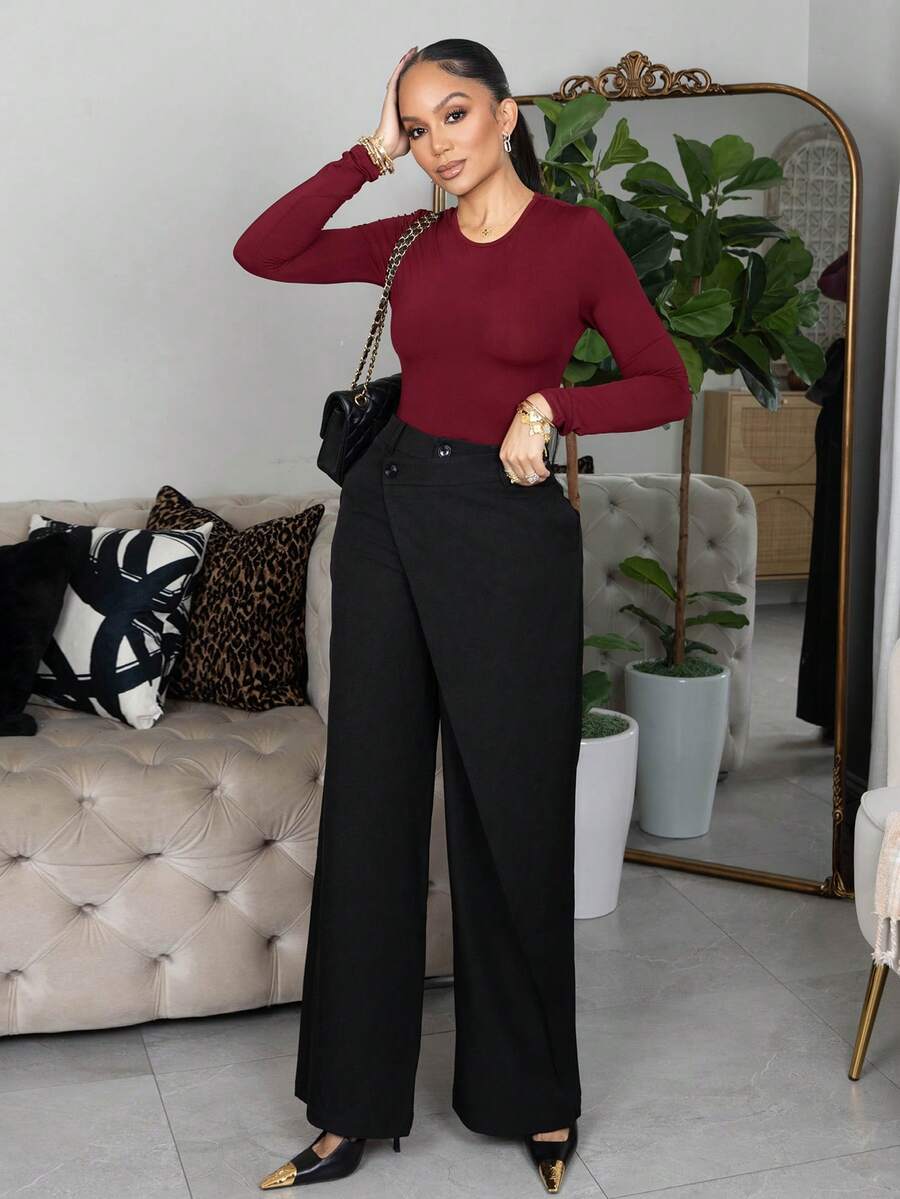 Melissa Matos 女款純色圓領修身春季連身衣,適合嬌小身材女性 - 酒紅色 - 查看 1