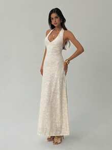 Aloruh White Flocked Elegant Backless Dress, Suitable For Valentine's Day And Wedding Season - Apricot - View 7