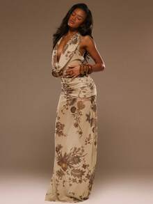 MUSERA Floral Print Chiffon Cowl Plunge Front Ruched Panel Straight Fit Maxi Dress Spring Summer Vacation Beach Elegant Ibiza Festival Holiday Tajine - Multicolor - View 5