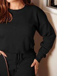 Lupita Cardoza 2pcs/Set Solid Color Crew Neck Long Sleeve Sweater And Pants, Casual Knitwear Set Fall Winter Cloth For Women - Black - View 4