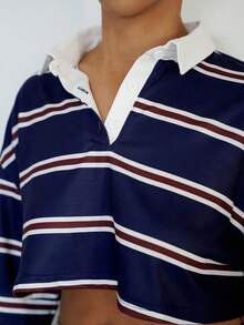 SAYEHFBABY Damen figurbetontes gestreiftes T-Shirt mit Kontraststellen am Polokragen, für Frühling/Herbst - marineblau - Übersicht 3
