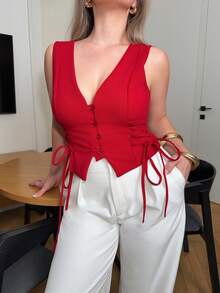 Jeta Ari Women'S Red Criss-Cross Strap Button Down Tank Top For Summer,Valentine Outfits,Valentine Outfits - Red - View 3