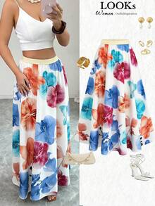 SHEIN 女士彩色印花收腰A字裙，魅力优雅通勤时尚约会休闲法式街头复古百搭春夏新款多色可选 - 彩色 - 查看 3