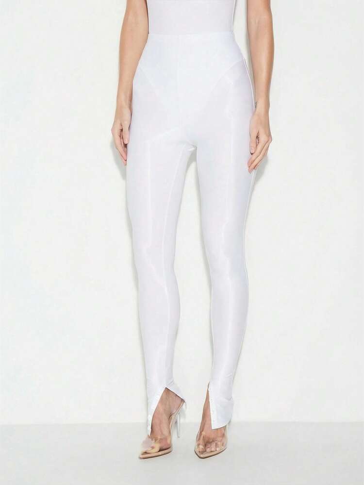 KIZN Mesh Detail Button Hem High Waisted Leggings