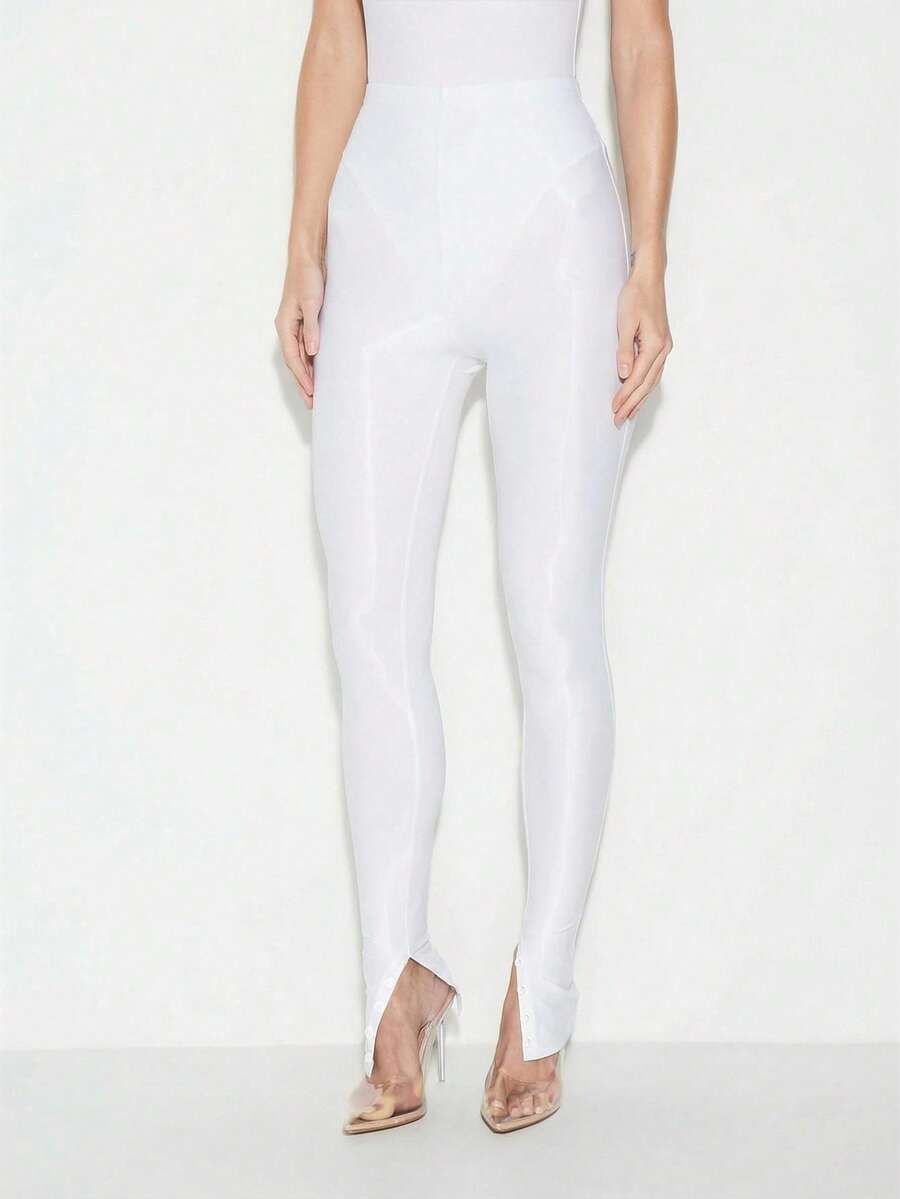 Mesh Detail Button Hem High Waisted Seamless Fitted Stretchy Leggings For Women Fashion Casual Everyday Wear - White - View 1