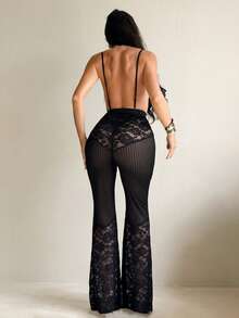 Sirith Women's Sexy Contrast Lace Deep V-Neck Backless Jumpsuit, Summer - Black - View 2