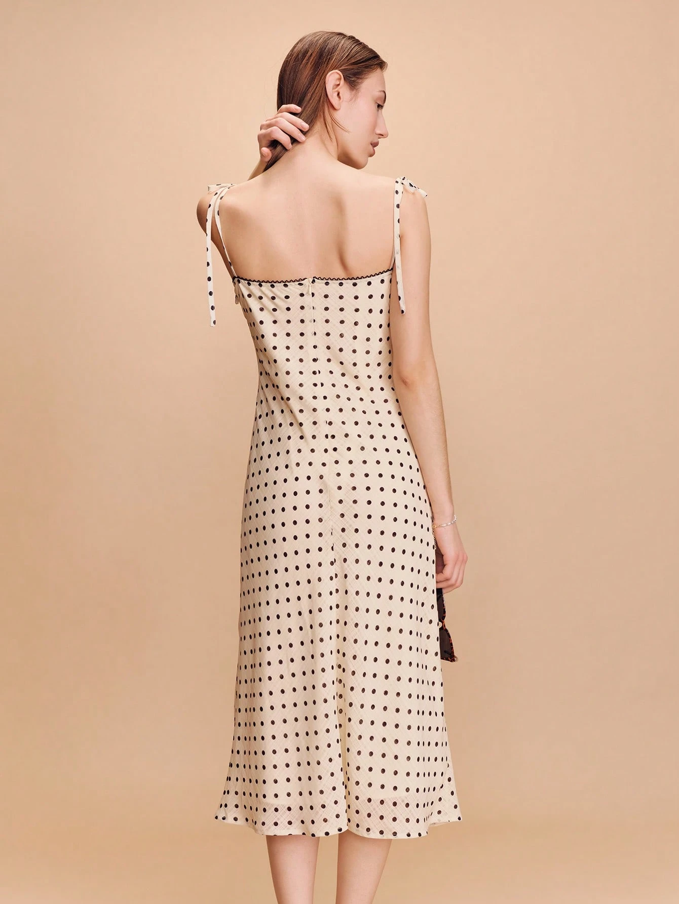 Polka Dot Check Print Midi Dress With Tie Shoulder Straps Chic Spring Summer Chic Holiday Dress Elegant Vacation Dress Going Out French Style Parisian Style Polka Dot Dresses For Women Poka Dot Dresses For Women Poca Dot Dress Chic Dresses For Women Casual Dresses For Women Summer