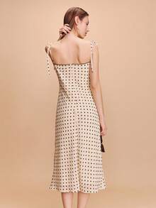 lacRébo Polka Dot Check Print Midi Dress With Tie Shoulder Straps Chic Spring Summer Chic Holiday Dress Elegant Vacation Dress Going Out French Style Parisian Style - Beige - View 3