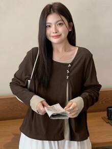 Dazy Plus Color Block Bow Decor 2 In 1 Fashion Long Sleeve T-Shirt For Plus Size Women - Brown - View 5