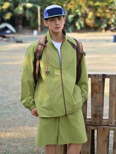 DAZY Men's Solid Color Zip-Up Jacket And Shorts Casual Outfit