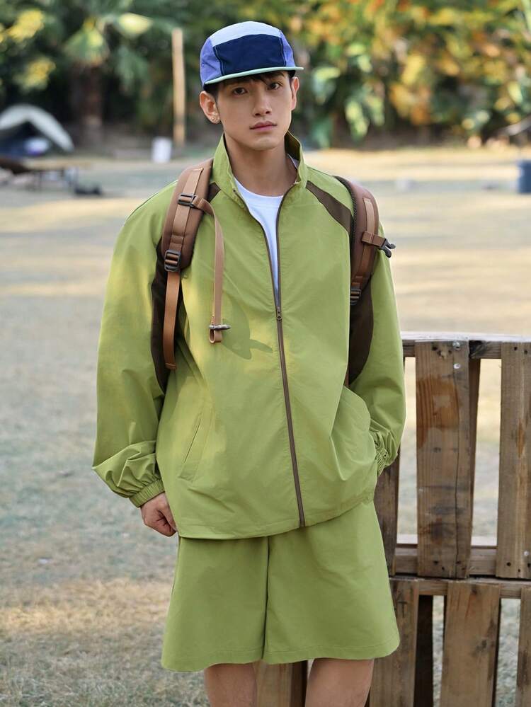 Men's Solid Color Zip-Up Jacket And Shorts Casual Outfit