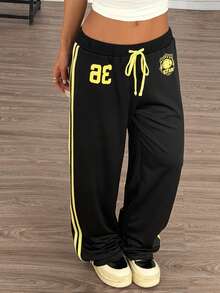 Muchica Black Knit Printed Casual Collegiate Style Pants,Summer Outfits For Women , Women's Joggers - Black - View 6