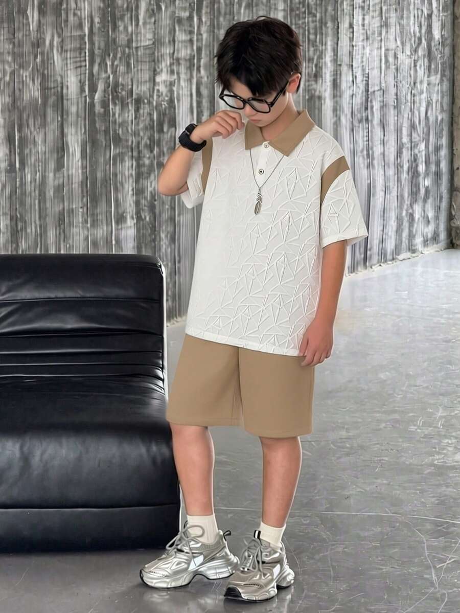 Mirajuku 2 pezzi Set di polo a trama e pantaloncini in tessuto cachi per ragazzi pre-adolescenti, outfit casual per attività all'aperto estive - Cachi - Visualizzare 1