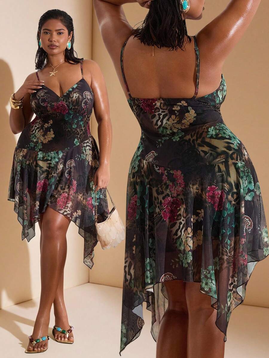 SHEIN BAE 大码女式花卉豹纹无袖连衣裙，适合春夏度假穿着