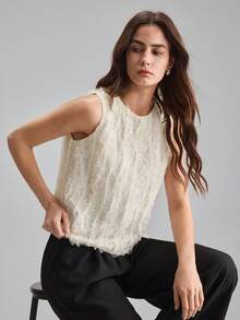 Ontre 女士柔软舒适亲肤钩编蕾丝面料修身圆领无袖H字型背心，现代都市浪漫时尚，尽显优雅气质，适合度假、婚礼宾客、商务休闲、低调复古中东风、校园返校季、婚礼系列设计，高端优雅，复古度假风，适合婚礼宾客、海滩穿着，四季皆宜，明星同款度假风，异域风情，乡村音乐会风格 - 白色 - 查看 2