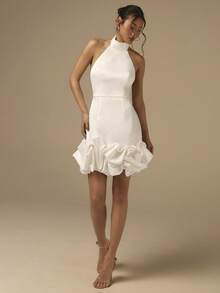 COSMINA Women's White Mini Satin Halter Neck Dress, Bubble Hem Mini Dress, Solid Color Halter Neck Casual Dress For Party, Holiday, Birthday, Wedding Guest,Summer Dresses For Women - White - View 5