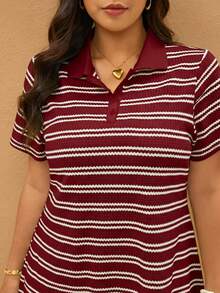 Elaquor 大码女式条纹Polo领短袖休闲连衣裙 - 酒紅色 - 查看 7