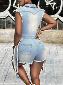 Slaydiva Women's Casual Washed Front Button Frayed Hem Denim Jumpsuit, Summer - Blue - View 2