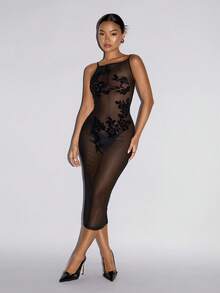 SHEIN ICON 2026 New Arrive Women's Black Elegant Sexy Sheer Floral Flocked Mesh Slip Midi Dress See Through Dress Mesh Dress Black Sheer Dress Transparent Dress,Festival Outfits For Women Black Dresses Sheer Dresses Mesh Dresses - Black - View 3