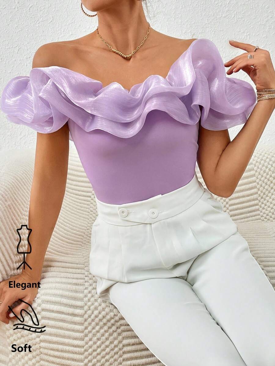 Firerie Của phụ nữ Nếp may phóng đại Off Shoulder Áo sơ mi - Màu tím - Xem 1