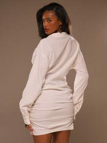 MUSERA Vestido camisero mini de manga larga con cuello, fruncido y escote pronunciado, elegante para primavera, verano, vacaciones, playa, festivales y fiestas - Blanco - Ver 4