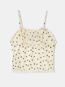 lacRébo Cream Dot Cami With Ruffled Lace Trim Spring Summer Holiday Top Polkadot Top Chic Top French Style Parisian Style Vacation Going Out Top - Apricot - View 7