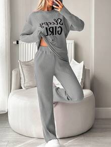 EURMUSE Sleepy Girl Ribbed Lounge Set – Moon & Cozy Vibes In Blush Pink - Light Grey - View 3