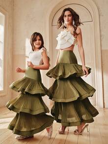 Anewsta Tween Girl Spring/Summer New Multilayer Ruffle Pleated Maxi Skirt - Army Green - View 1
