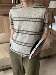 DAZY 男士純色與條紋T恤搭配純色鬆緊腰長褲休閒居家套裝，春夏睡衣 - 彩色 - 查看 8