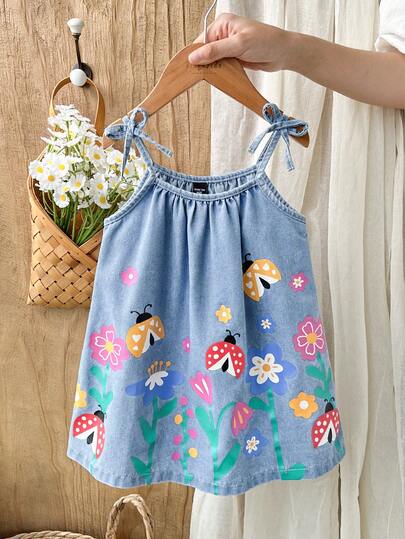 Vintaside Kids Baby Girls' Denim Dress, Light Blue Washed Casual Loose Strap Denim Dress With Cute Butterfly, Flower And Ladybug Prints, Made Of Lightweight And Soft Cotton Denim, Fashionable Must-Have For Stylish Girls, Suitable For Spring/Summer Wear, Casual, Photoshoot, Outing, Party, 2026 Summer New Arrival