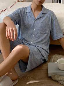 青少年男童舒适休闲短袖短裤睡衣套装，夏季 - 藍色 - 查看 1