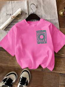 DrmWander Plus Size Summer Casual Sun & Letter Print Short Sleeve T-Shirt - Hot Pink - View 2
