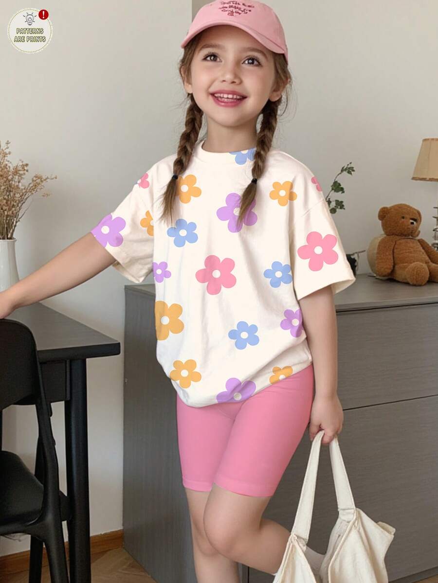 SHEIN Bộ 2 món đồ mặc nhà in hoa cho bé gái, gồm áo thun cổ tròn tay ngắn và quần legging bó sát, thích hợp mặc hàng ngày vào mùa xuân/hè, đi nghỉ mát, phong cách Y2K, thời trang trẻ em dễ thương. - Nhiều màu - Xem 1