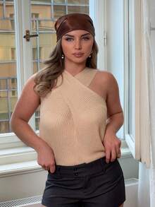 Jeta Ari 返校休闲小众设计交叉领针织毛衣，复古风格，适合女性，春秋季 - 杏色 - 查看 4